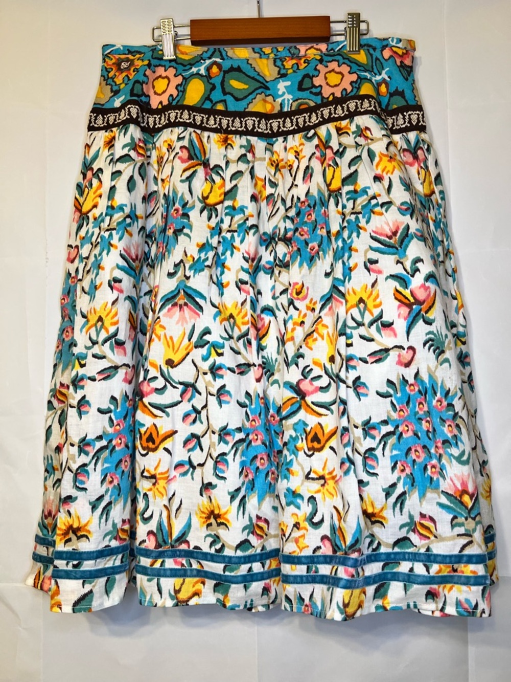 WD.NY New York Floral Ramie Flare Skirt - Boho Ribbon Detail - Sz 12
